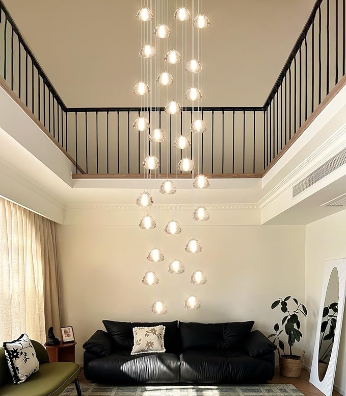 30-Lights Modern Chandeliers for High Ceiling Large Crystal Chandeliers LED Long Handing Light Fixture for Entrance Hallway Foyer Staircase 3000K