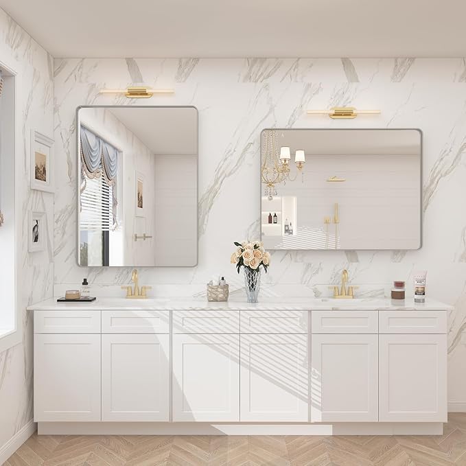 26x36 Inch Silver Bathroom Mirror for Wall, Brushed Metal Framed Bathroom Vanity Mirror, Modern Brushed Nickel Rectangle Mirror, Anti-Rust. Shatterproof (Horizontal/Vertical)