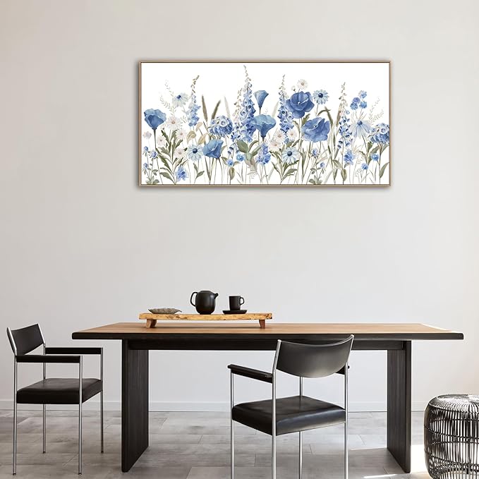arteWOODS Elegant Flowers Framed Wall Art - Blue White Botanical Pictures for Wall Decor Floral Blossom Canvas Painting Print Artwork for Living Room Bedroom Home Office Wall Decoration 24" x 48"