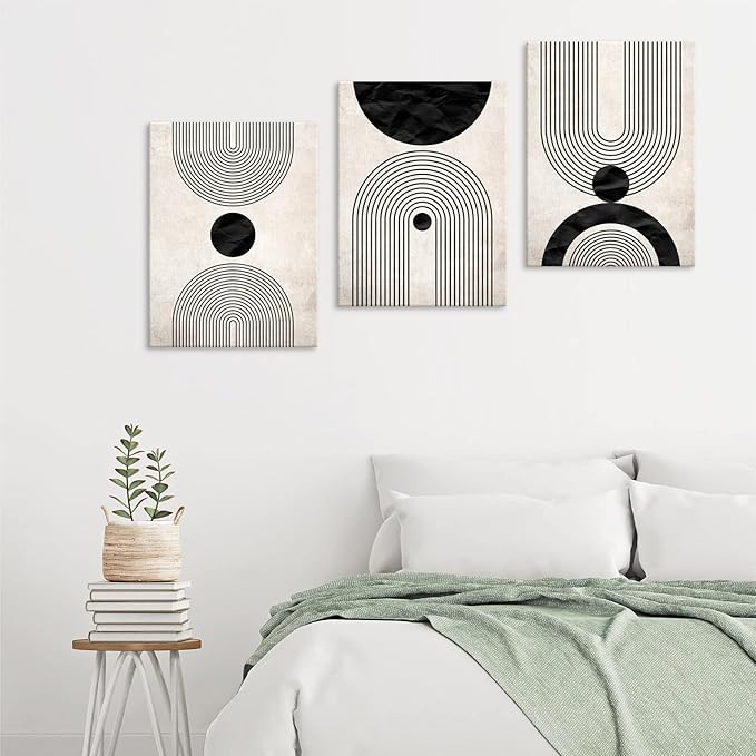 arteWOODS Wall Art Canvas Set Mid Century Boho Pictures Modern Abstract Geometric Wall Decor Minimalist Black Beige Bohemian Canvas Painting Artwork for Living Room Bedroom Office 12"x16"x3