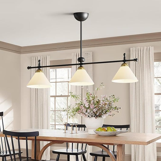 Linear Chandelier, Modern Chandelier for Dining Room Light Fixture, Dining Light Fixtures with Milk Glass Shade Pendant Lights Kitchen Island for Restaurant, Living Room (Black, 3-Lights)