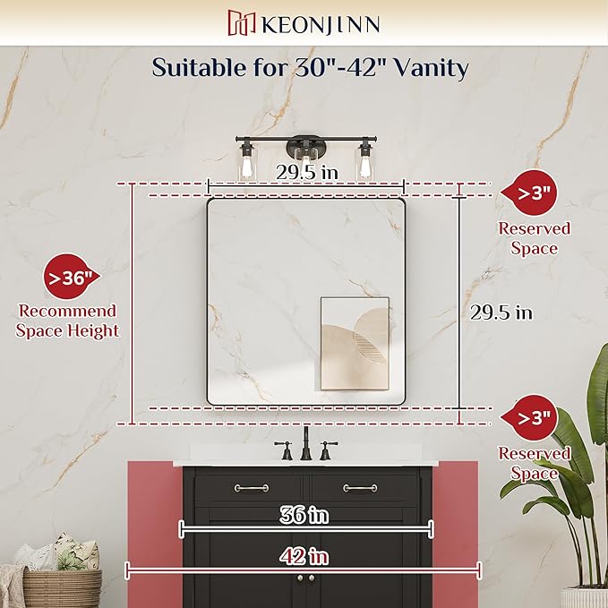 Keonjinn Black Bathroom Mirror for Over Sink, 30 x 30 Inch Rounded Rectangle Bathroom Vanity Mirror for Wall, Matte Black Farmhouse Mirror with Seamless Frame, HD Tempered Glass(Horizontal/Vertical)