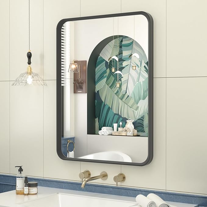 OKPAL 24X32 Inch Black Metal Framed Bathroom Mirror for Wall, Rounded Rectangle Matte Black Vanity Mirror for Bedroom with Beveled Border, Anti-Rust, Shatterproof (Horizontal/Vertical)