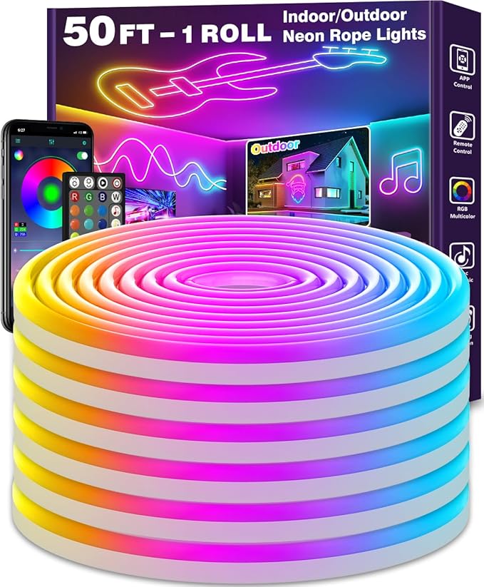 Led Neon Rope Lights 50Ft,Control with App/Remote,Flexible Rope Lights,Multiple Mode Led Neon Strip,IP65 Outdoor RGB Neon Lights Waterproof,Music Sync Gaming Led Neon Strip Lights for Bedroom Indoor