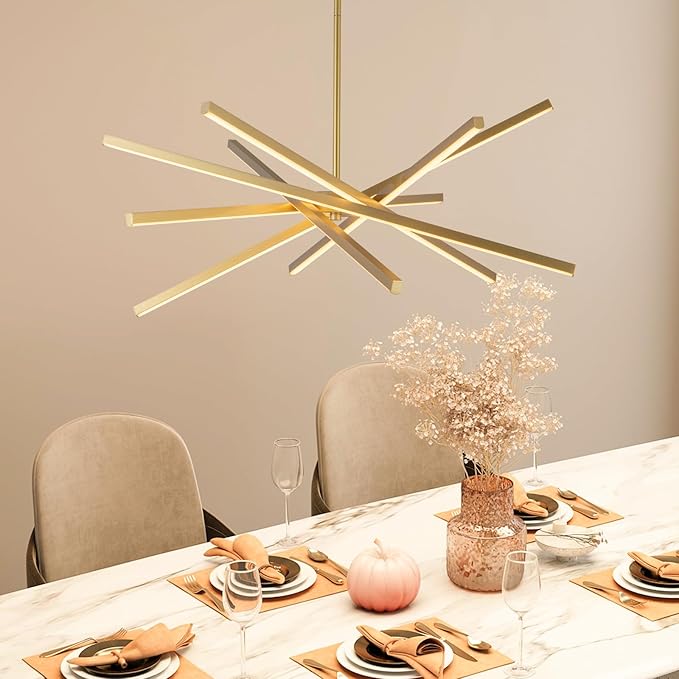 Modern Gold Chandelier Light Fixtures - LED 6-Lights Dining Room Linear Chandeliers Pendant Lights Fixture Over Table 3000K 4500K 6000K 3-Color Dimmable for Kitchen Island Living Room