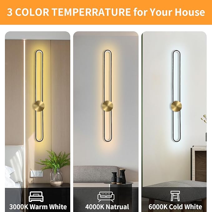 Modern Wall Sconce Dimmable 3000K/4000K/6000K LED Wall Light Fixture, Hardwired Wall Lamp for Living Room, Dining Room, Bedroom, Hallway, Lobby, Entryway (Brushed Black, 22inch/H56cm)