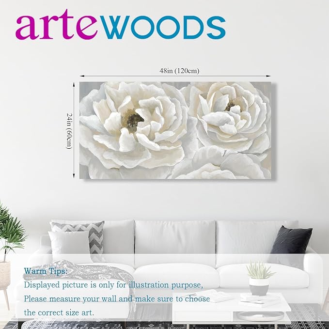 arteWOODS Cream White Flowers Wall Art - Soft Peony Pictures for Wall Decor Elegant Blossom Flower Painting Artwork Botanical Prints for Living Room Home Office Wall Decoration 24" x 48"
