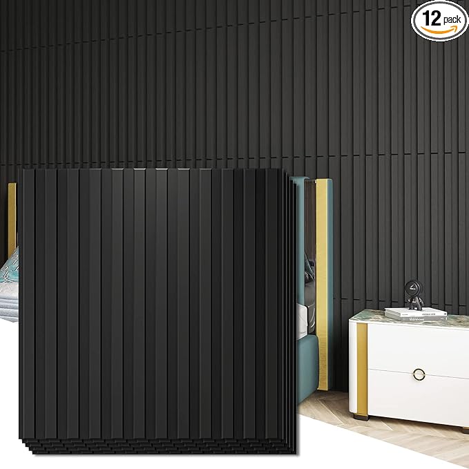 Art3d Slat Wall Panel, 3D Fluted Textured Panel 12-Tile 19.7 x 19.7in. - Cover 32 Sq.Ft., Black