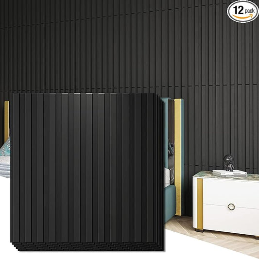Art3d Slat Wall Panel, 3D Fluted Textured Panel 12-Tile 19.7 x 19.7in. - Cover 32 Sq.Ft., Black