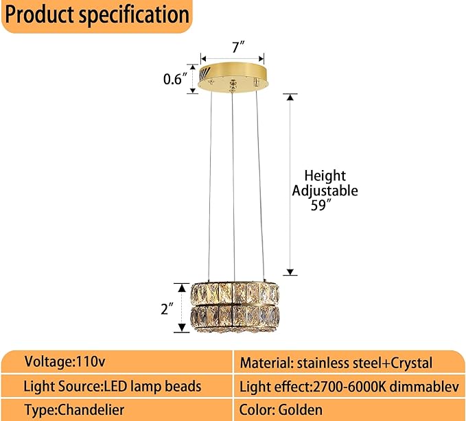 Led 11.8" Gold Ring Crystal Chandelier, Modern Dimmable Chandeliers Lighting and Hanging Adjustable, LED Round Ceiling Light Fixtures for Dining Room Living Room