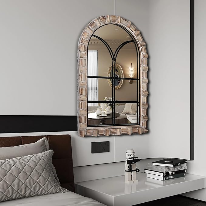 36x24 inches Dark Wood Arched Mirrors for Wall, Farmhouse Decorative Arch Mirror for Bedroom, Living Room, Bathroom, Entryway - Hanging or Leaning