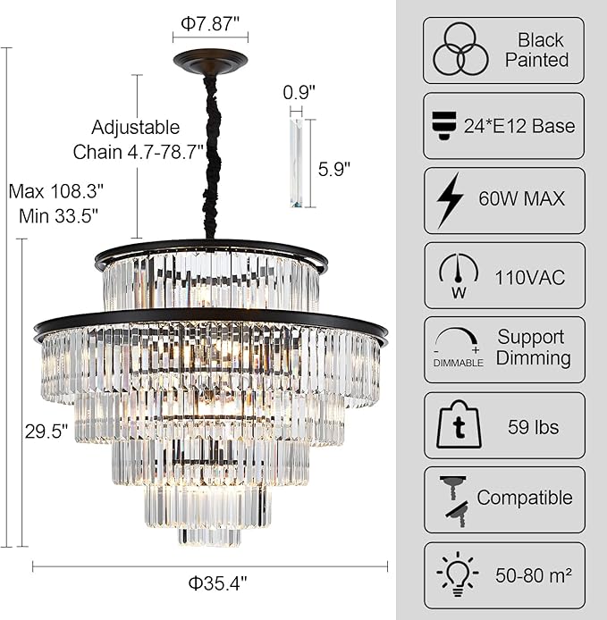 35" 24-Light Modern Crystal Chandelier Light Fixture Large 6-Tier Black Luxury Chandeliers for Dining Room Round Hanging Pendant Lighting for Living Room Kitchen Entryway Bedroom Foyer Lobby