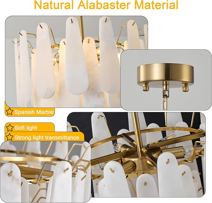Alabaster Chandelier, D23.6in Modern Alabaster Round Dining Room Chandelier, 4-Tiers Luxury Natural Stone Ceiling Light Fixture, White Marble Chandeliers for Living Room Bedroom Foyer Entryway Kitchen