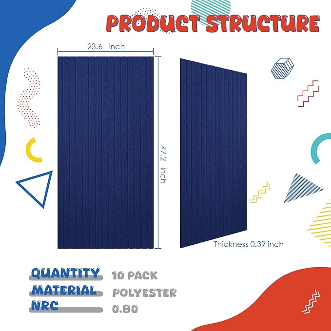 10 Pack Large Acoustic Panels,47.2" X 23.6" Acoustical Wall Panel,Self-Adhesive Sound Proof Panel for Office, Decorative Soundproof Wall Panels for Home Studio (NAVY BLUE)