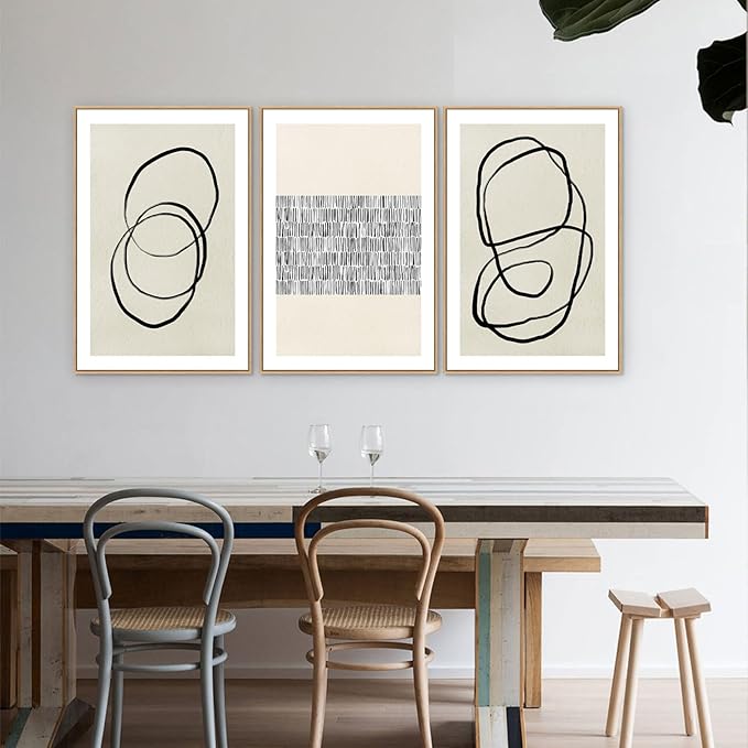 Abstract Boho Wall Art Set - Modern Boho Geometric Framed Canvas Prints, Neutral Mid-Century Graffiti Inspired Decorative Wall Decor for Living Room, Bedroom, Office - 16"x24"x3
