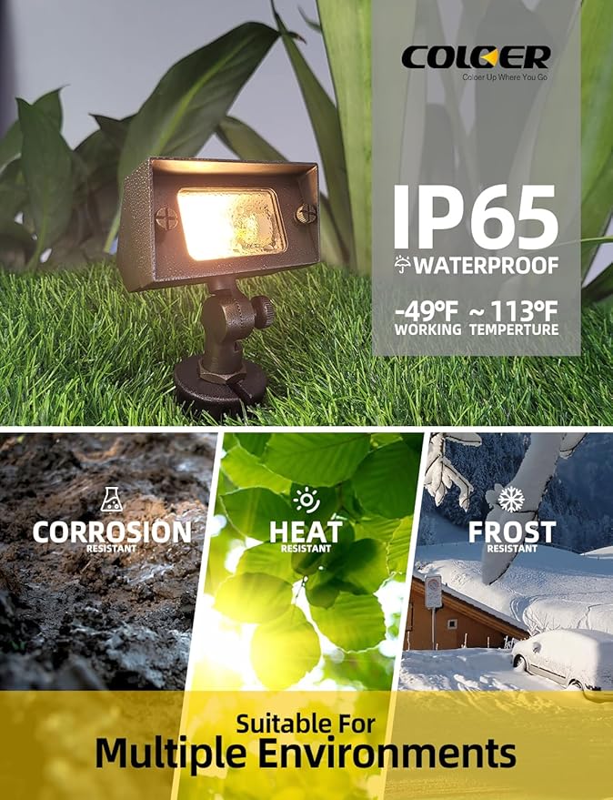 COLOER Brass Small Rectangular Flood Lights Outdoor with 2W 2700K Warm White LED G4 Bulb, 12V Low Voltage Landscape Outside Lights for House Illuminating Signs, Walls and Plant Material