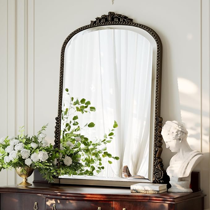32 x 24 inch Beaded Arched Wall Mirror, Vintage Bathroom Vanity Mirror Over Sink for Entryway, Bedroom, Living Room, Bronze