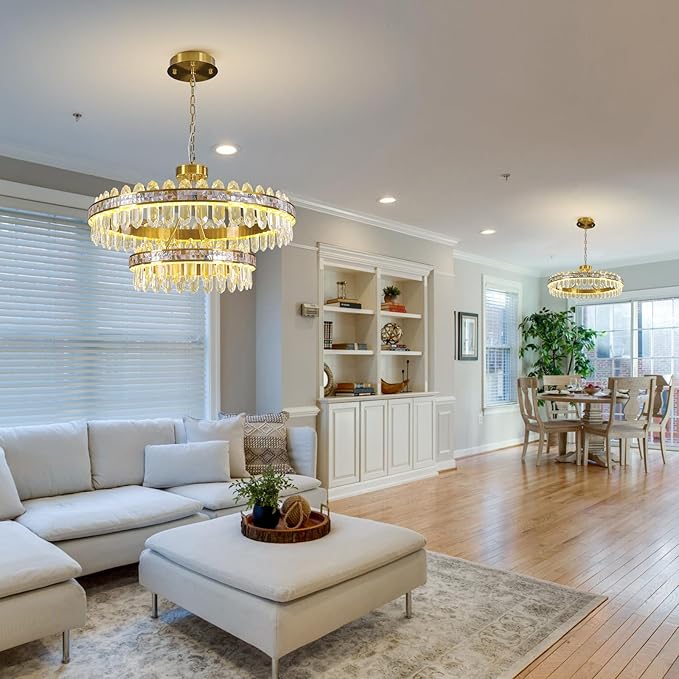 2-Tier Round LED Crystal Chandelier for Living Room - Large 3 Colors Stepless Dimmable Gold Chandeliers,Modern Adjustable Height high ceiling Light Fixture for Dining Room Entryway With Remote Control