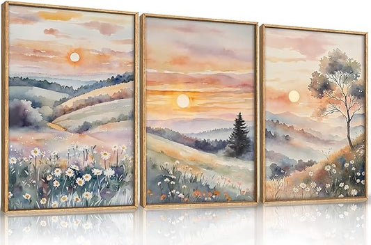 Ausril Pink Boho Sunset Framed Canvas Wall Art Set, Watercolor Sunrise Wildflower Wall Decor, Pink Nature Wall Painting, Botanical Flower Art Print for Living Room, Bedroom, Office, Hallway 16"X24"X3