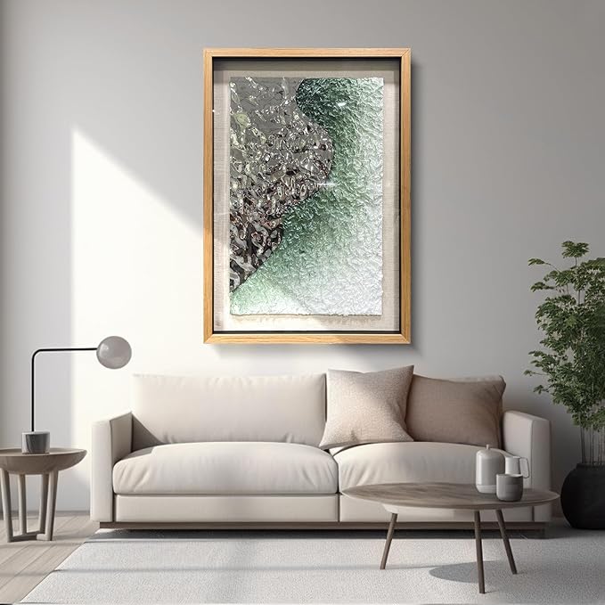 BrightA Embossed Metal Wave Wall Art - Hand-Painted Tissue Paper Gradient (Mist Green) and Silver 3D Wall Art, Contemporary Abstract Metal Sculpture for Living Room 27.5"x 39.4"