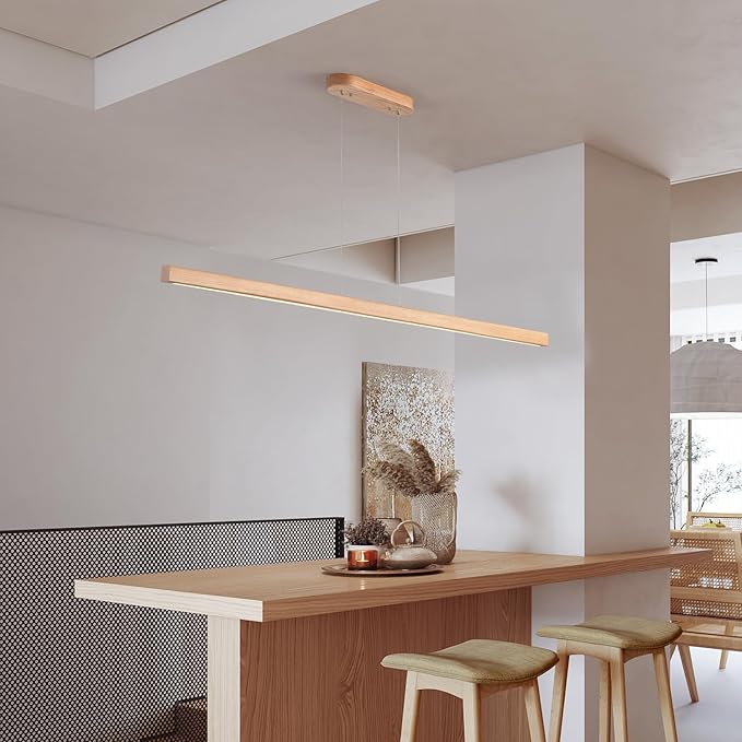 59" Wood Linear Pendant Light Fixtures Led Dining Room Chandelier Linear Kitchen Island Hanging Lights Dimmable Modern Pendant Light for Dining Room Kitchen Island Pool Table Lights Natural