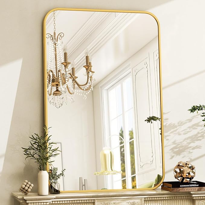 26 x 38 Inch Bathroom Mirror, Rounded Rectangular Vanity Mirror for Wall, Modern Mirror for Room Decor, Gold Framed Wall-Mounted Mirrors for Home Decor, Hangs Horizontally or Vertically