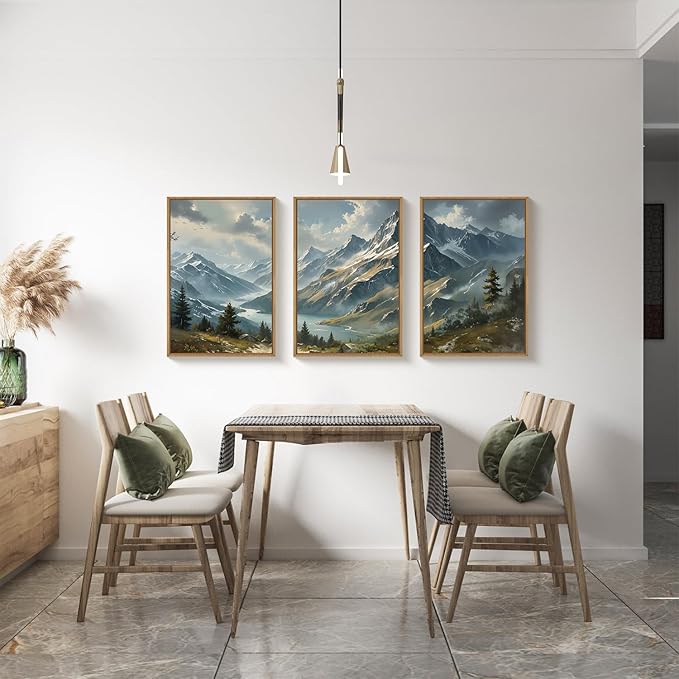 Ausril Nature Mountain Ridge Framed Canvas Wall Art Set, Woodland Landscape Wall Decor, Cloud Misty Forest Wall Painting, Boho Pine Tree River Art Print for Living Room, Bedroom, Office - 16"X24"X3