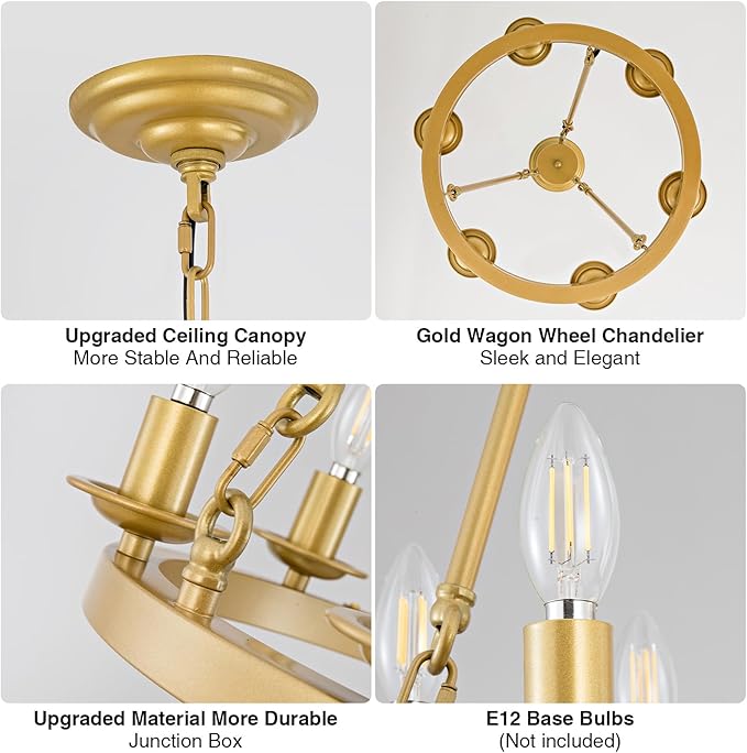 6-Light Gold Wagon Wheel Chandelier, Modern Farmhouse Chandelier Rustic Industrial Round Small Wagon Wheel Light for Dining Room, Kitchen, Bedroom, Living Room,Entryways