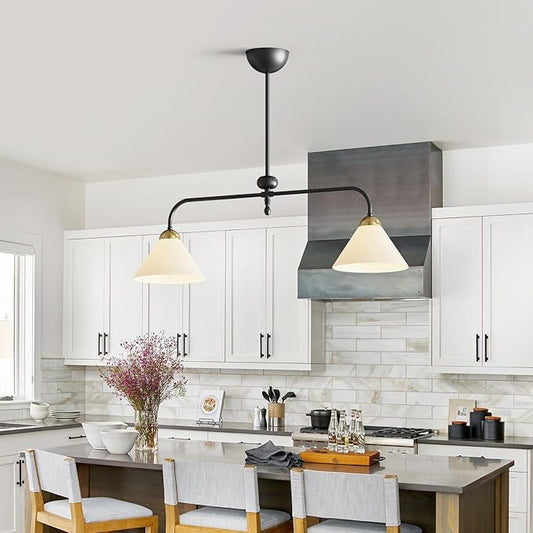 Linear Chandelier, Modern Chandelier for Dining Room Light Fixture, Dining Light Fixtures with Milk Glass Shade Pendant Lights Kitchen Island for Restaurant, Living Room (Black, 2-Lights)