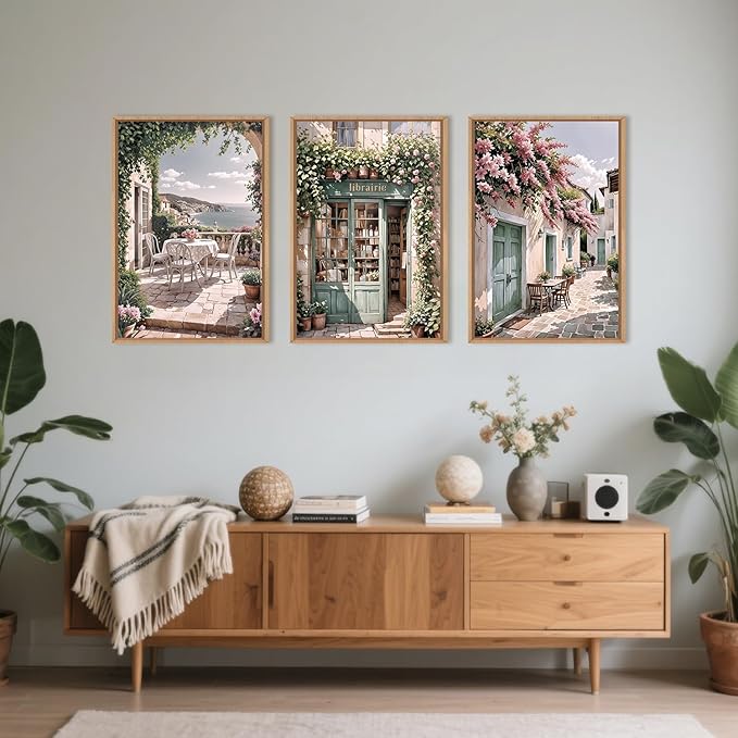 Modern French Flower Street Framed Canvas Wall Art Set,Romantic Green Landscape Wall Decor,Vintage Mediterranean Bookstore Neutral Coast Cityscape Artwork for Living Room, Bedroom-24 x36 x3