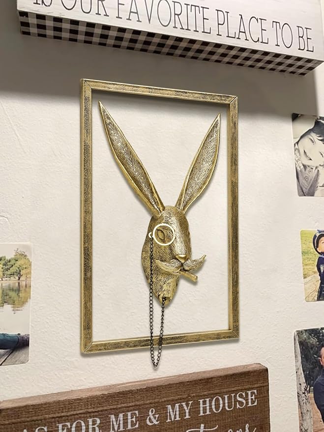 Newinhome Animal Heads Wall Decoration (Gift Metal Frame) Resin Animals Sculptures Head Wall Hanging Decor Gold vintage Wall Sculpture for Living Room Bedroom Office(Rabbit)