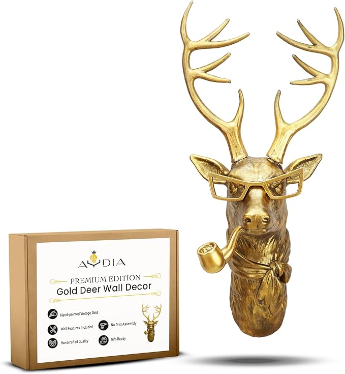 AYDIA Vintage Gold Animal Head Wall Decor, Faux Deer Head Mount (Frame Not Included), Vintage Decor, Large Animal Head, 3D Sculpture, Gift Ready, Deer Head Wall Decor for Living Room, Office, Bedroom