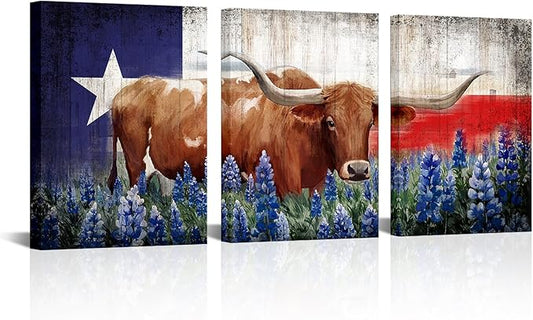 Conipit Longhorn Wall Art Texas Pictures Prints 3 Piece Western Bluebonnet Painting Framed (small)