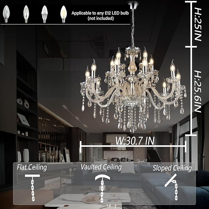 MALOSA Luxury Cognac Large Crystal Chandeliers for Dining Room,Living Room,Bedroom 30.7" 15 Lights