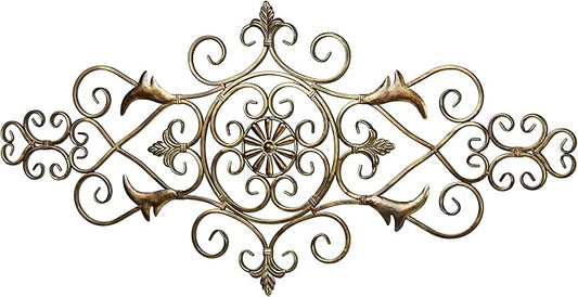 Touch of Class Merano II Traditional Antique Gold Openwork Scrolling Decorative Metal Wall Art Grille Sculpture | Fleur De Lis Designs | Scrolls Decor for Bedroom, Living Room