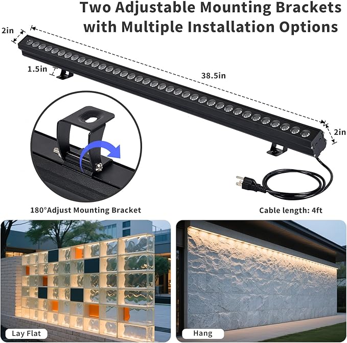 100W Outdoor Wall Washer Light with Remote Control, RGBW 5700K Dimmable Linear Light Bars, 85-265V Waterproof IP67 Outdoor LED Lights Bar for Home Bar Tree, Plug in (2 Pack)