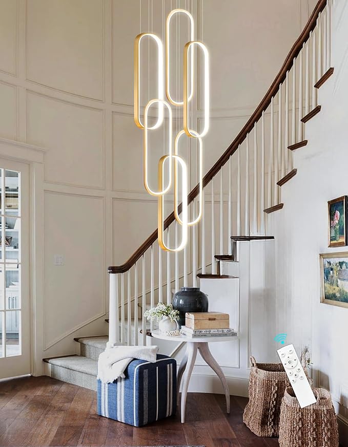 6 Rings Modern Chandelier LED Dimmable Flush Mount Ceiling Light for Foyer Living Room Staircaes Gold