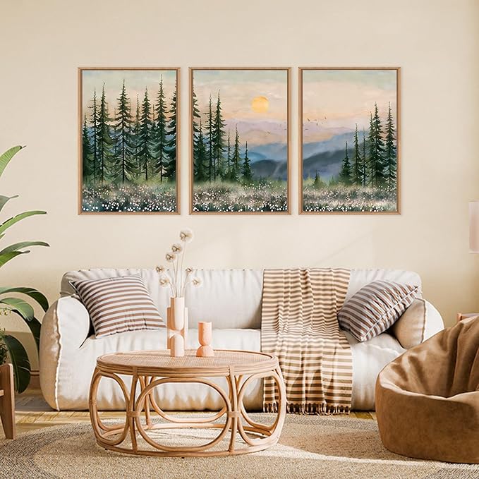Boho Sunset Forest Framed Canvas Wall Art Set,Colorful Nature Landscape Green Pine Tree Wall Decor, Modern Watercolor Mountain Artwork for Living Room,Bedroom,Office-24 x36 x3