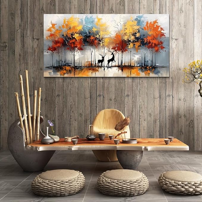 Lapremoly Large Wall Art For Living Room Framed Wall Decor For Bedroom Modern Office Decorations Textured Abstract Wall Pictures Elk Forest Landscape Paintings Canvas Art Prints Home Decor Artwork