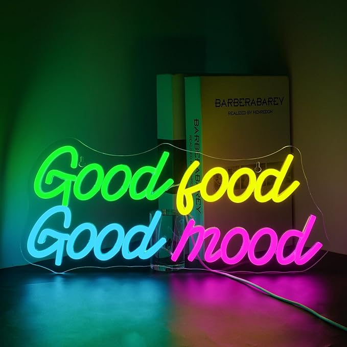 Looklight Good Food Good Mood Neon Sign Letter Neon Signs for Wall Decor Colorful Led Lights for Kitchen Fast Food Shop Cafe Restaurant Store Snack Shop Room Decorations Gifts