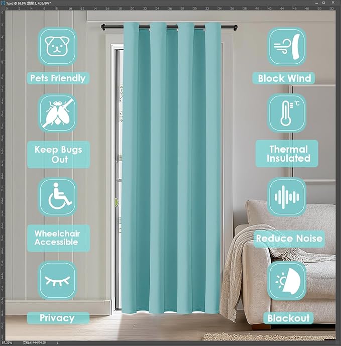 ChrisDowa Blackout Curtains 80 Inches Long for Doorways and Closets, Thermal Insulated Temporary Room Dividers (1 Panel, Aqua, 34 x 80 Inch)