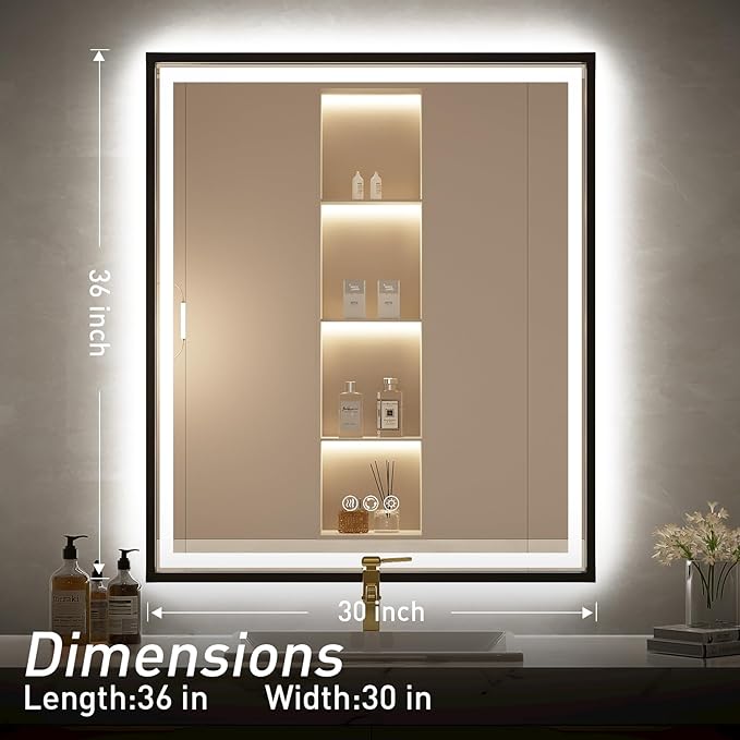 30X36 Inch Black Frame Led Mirror,Backlit and Front Bathroom Mirror with Lights,Wall Mounted Double LED Lighted Anti-Fog Mirror,Stepless 3 Colors Temperature & Dimmable (Horizontal/Vertical)
