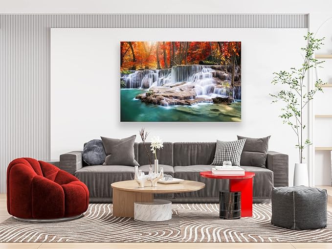 Aibonnly Wall Art Canvas Painting Red Forest Waterfalls 1 Piece Modern Landscape Tree Picture Poster Print Framed and Stretched Ready to Hang for Living Room Bedroom Kitchen Office Home Decor