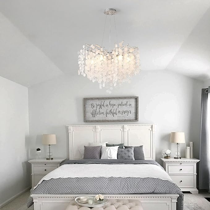 24-Inch Modern Coastal Chandelier, 8-Light Capiz Shell Chandelier for Dining Room, Silver Crystal Light Fixtures for Bedroom Living Room Foyer Kitchen Island Entryway Stairwell, E12