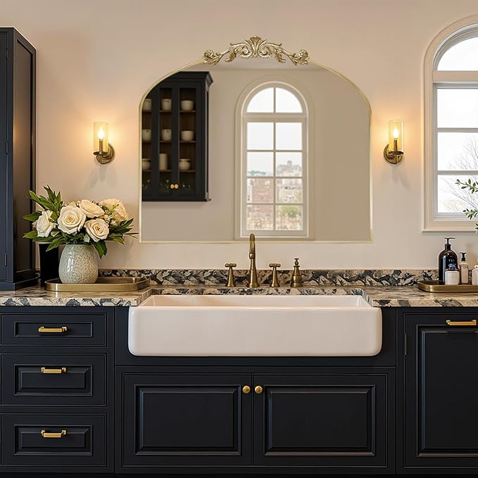 MISSDAY Vintage Arched Baroque Mirror for Wall, 36"X30" Antique Wall Mirror with Elegant Carving Top, Full Metal Frame Wall-Mounted Mirror for Bathroom, Living Room, Fireplace, Entryway, Retro Gold