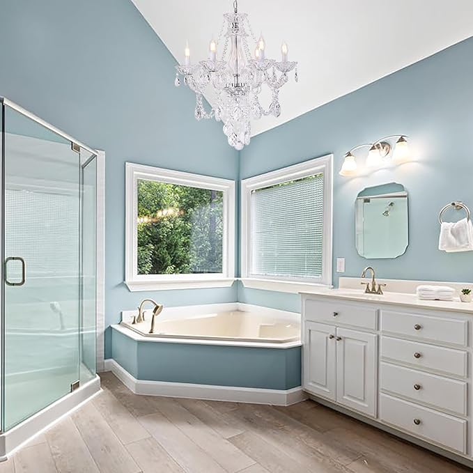 Modern Crystal Chandelier with 6 E12 Sockets, Adjustable Chain, Elegant K9 Crystal Lighting Fixture for Living Dining Room, Foyer