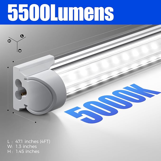 Barrina LED Shop Light, 4FT 40W 5500LM 5000K Daylight White with Reflectors, V Shape, Clear Cover, Linkable with Plug, T8 LED Tube Lights
