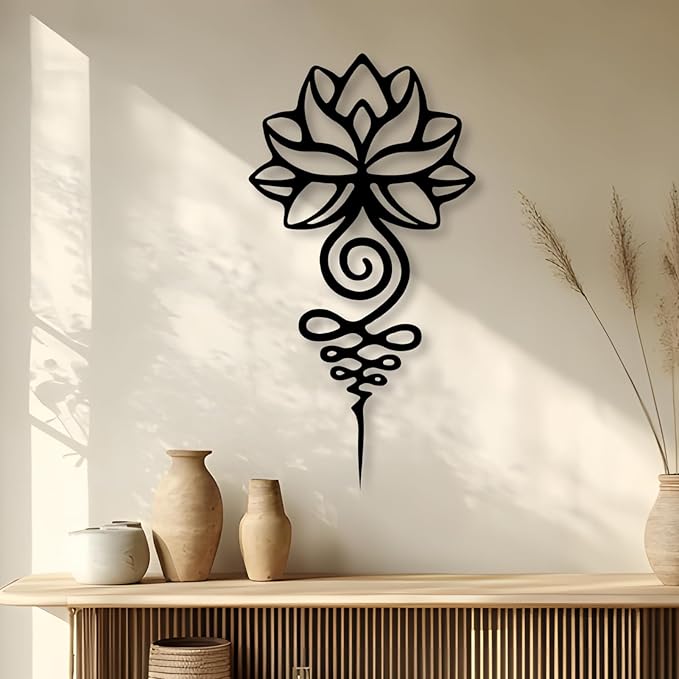 kuestboy Lotus Metal Wall Art,Minimalist Black Line Art Mandala,Spiritual Zen Flower Decor Hanging Sign for Home Room Decor (28" x 14" / 70 x 37cm)