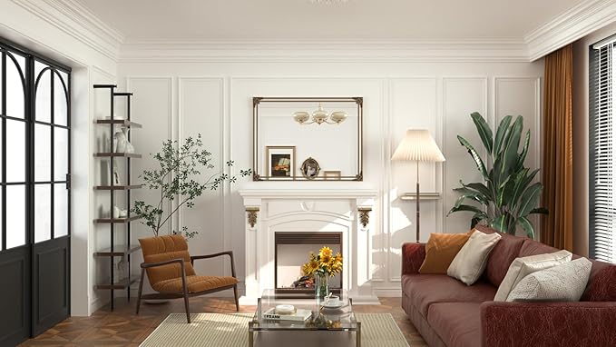 Keonjin Gold Vintage Mirror 30 x 36 Inch, Antique Mirrors Rectangle, Traditional Brass Mantel Decoration, Baroque Style Wall Decor for Hallway, Fireplace, Entryway, Living Room, Anti-Rust, Waterproof