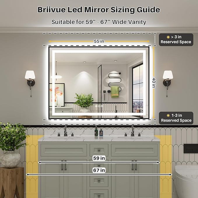 55x40 Inch LED Bathroom Mirror with Black Frame, Backlit & Front Lit, Anti-Fog Lighted Bathroom Vanity Mirror for Wall, Memory Function, Dimmable, HD Tempered Glass, Shatter-Proof
